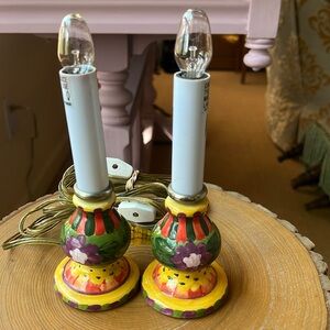 One Pair of Small Decorative Lamps, Hand Painted, No Shades, 8” Inches Tall